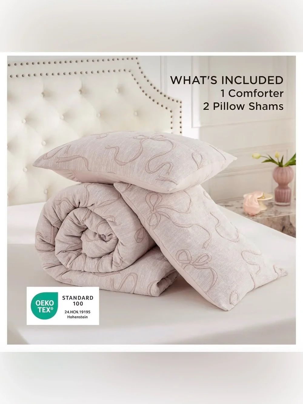 Blush Pink Quilted FULL Comforter Set - Elegant Bow Stitching NIB